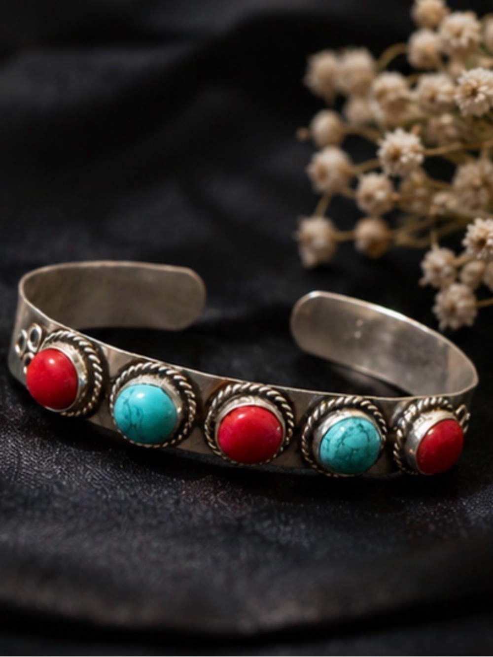 Silver Cuff Bracelet with Turquoise and Red Stone Accents - Picture 4 of 8